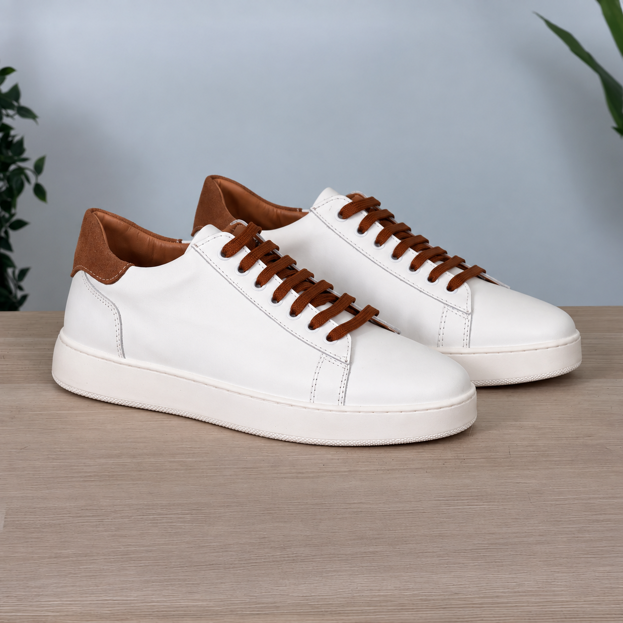 Sneakers in pelle bicolore suola bassa - Bianco/Cuoio