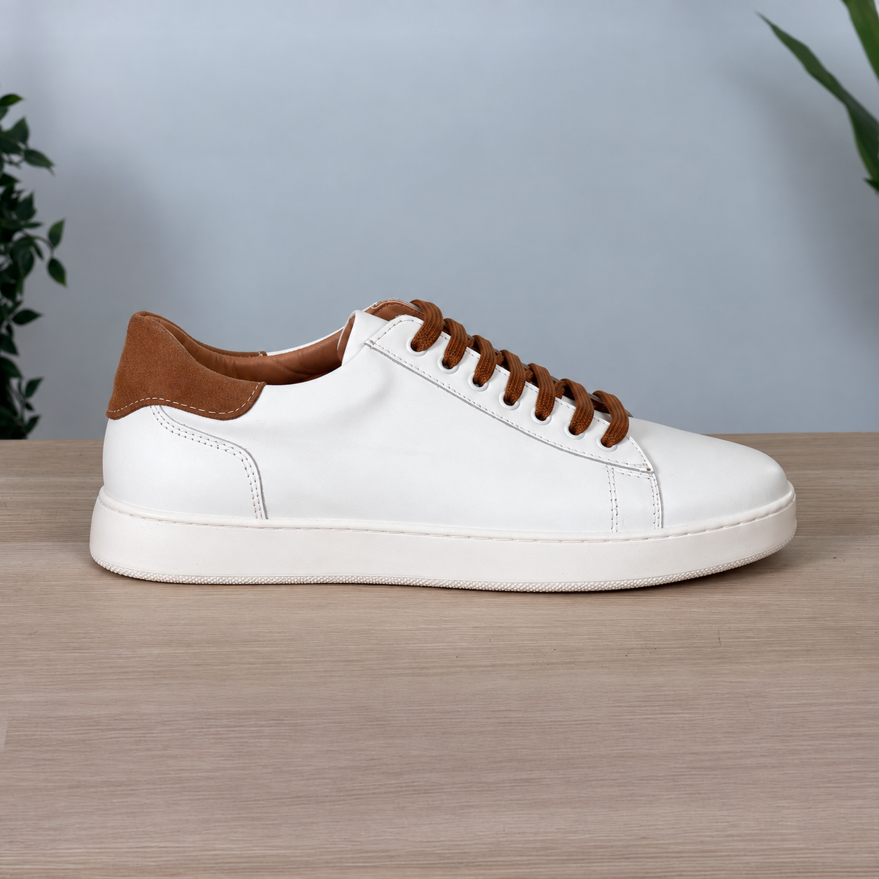 Sneakers in pelle bicolore suola bassa - Bianco/Cuoio