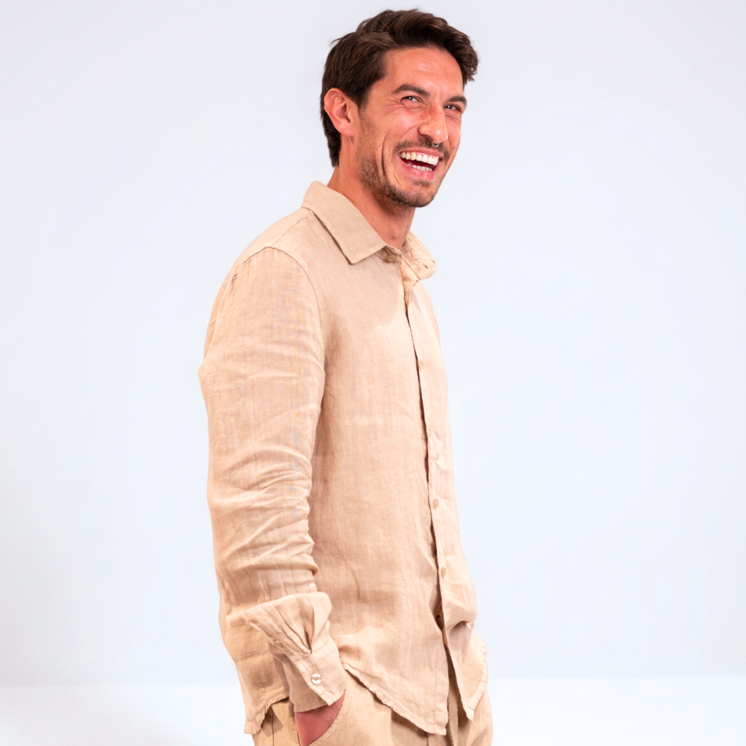 Camicia di lino collo francese - Cammello