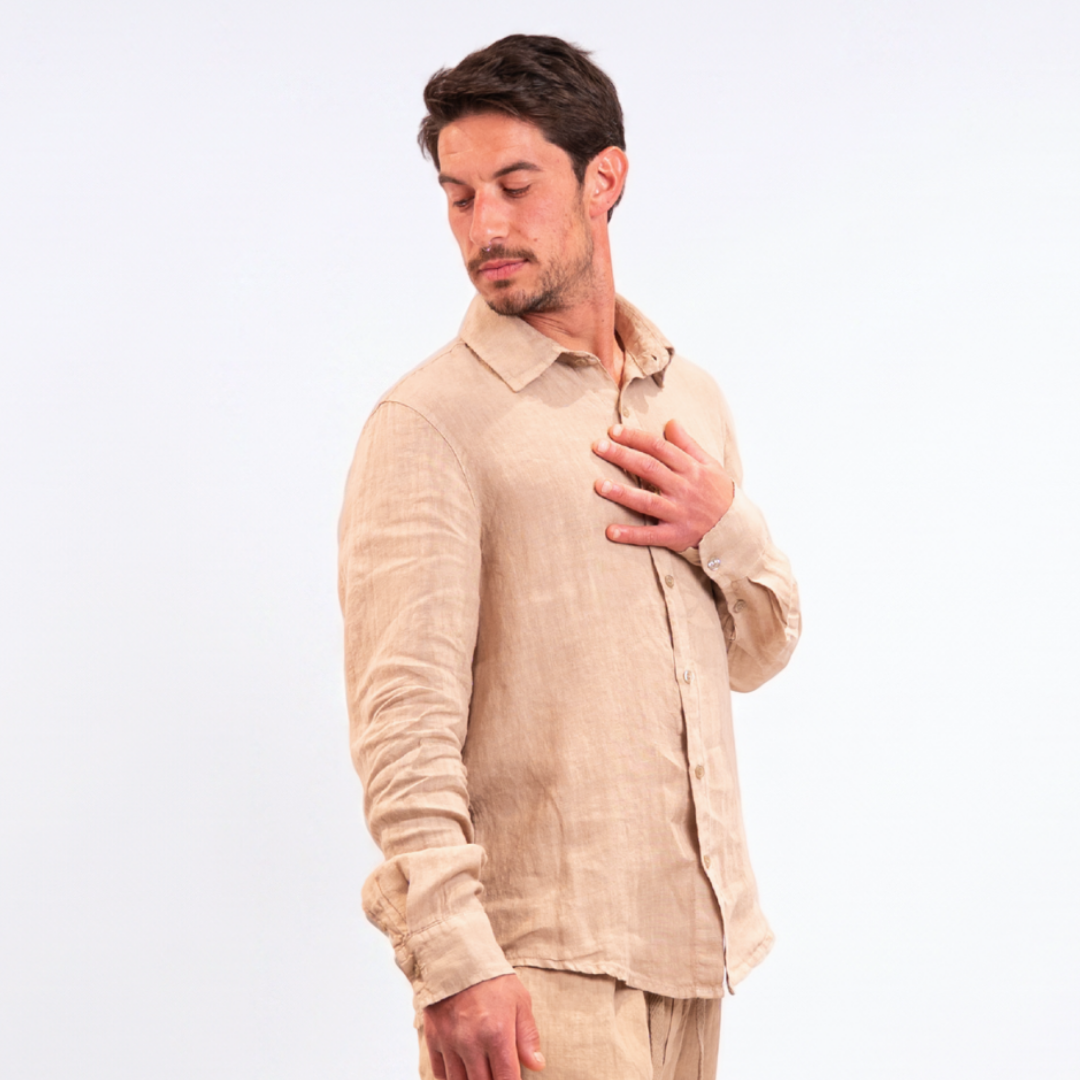 Camicia di lino collo francese - Cammello