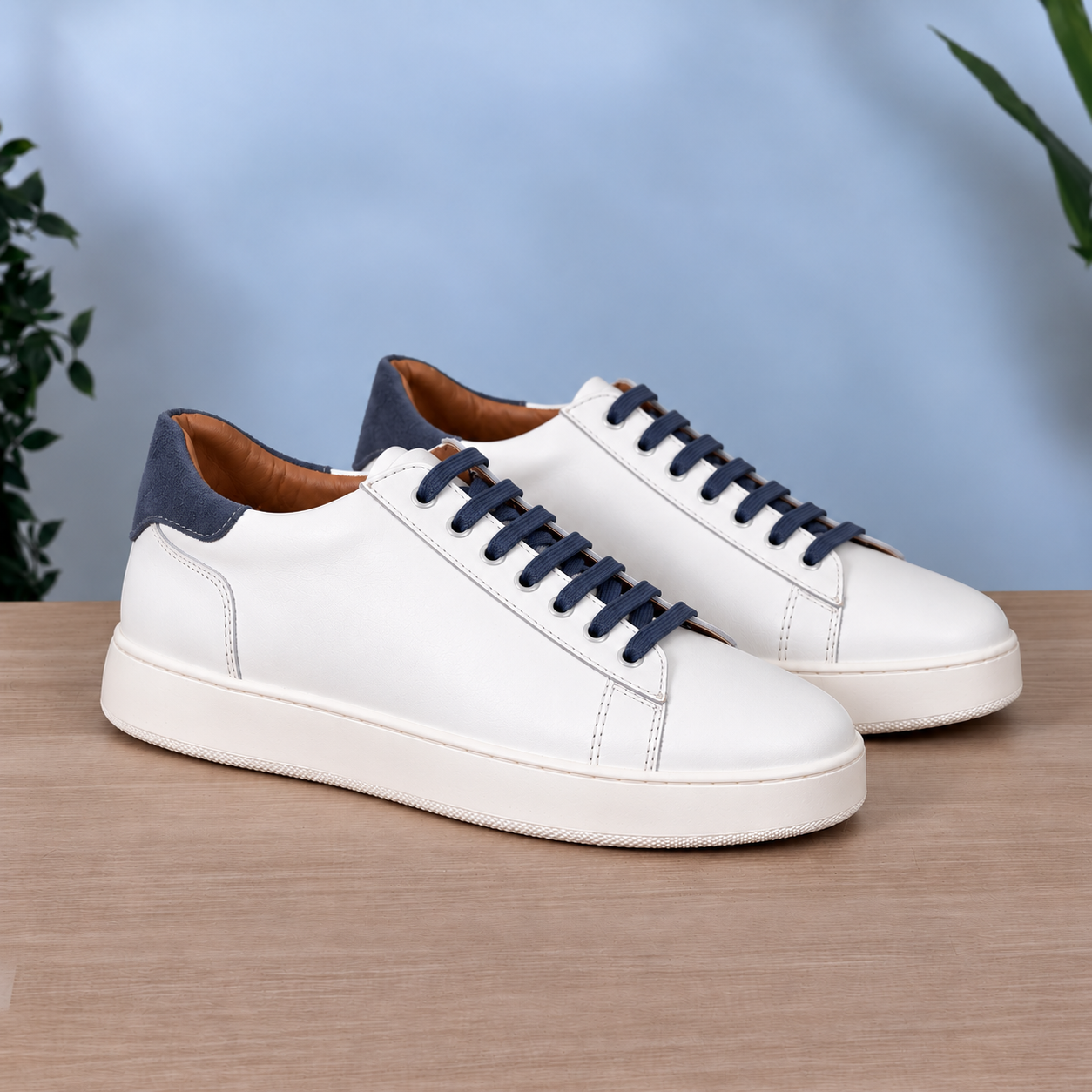Sneakers in pelle bicolore suola bassa - Bianco/Jeans