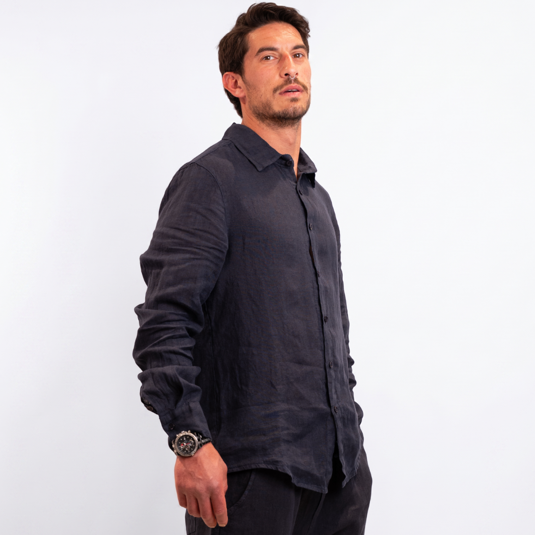 Camicia di lino collo francese - Blu