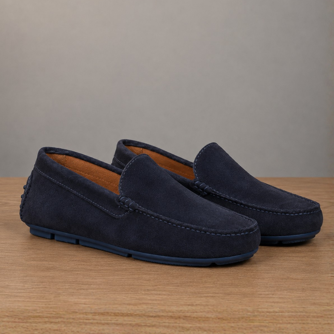 Mocassino con bendina e suola con gommini - Camoscio Blu