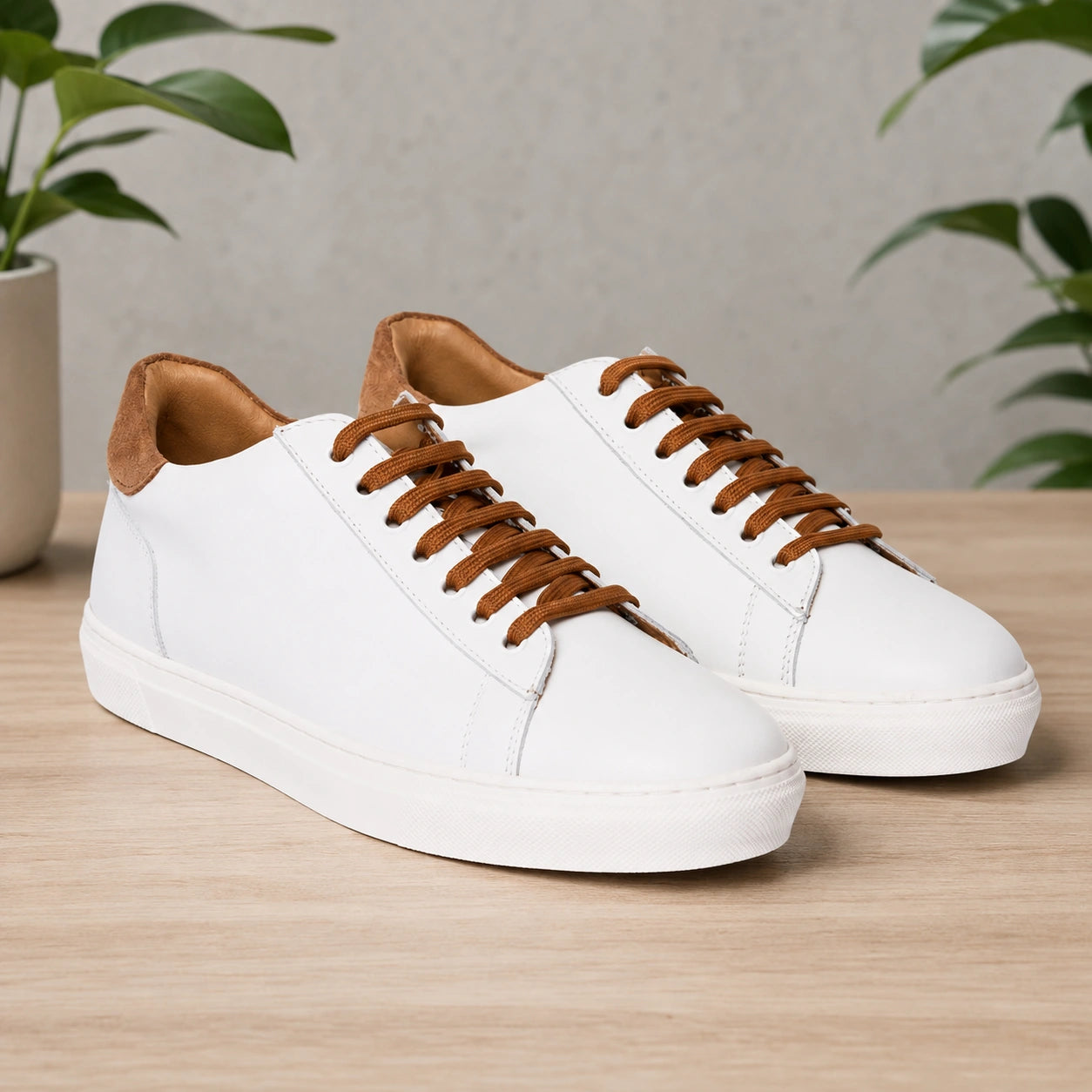 Sneakers in pelle bicolore suola bassa - Bianco/Cuoio