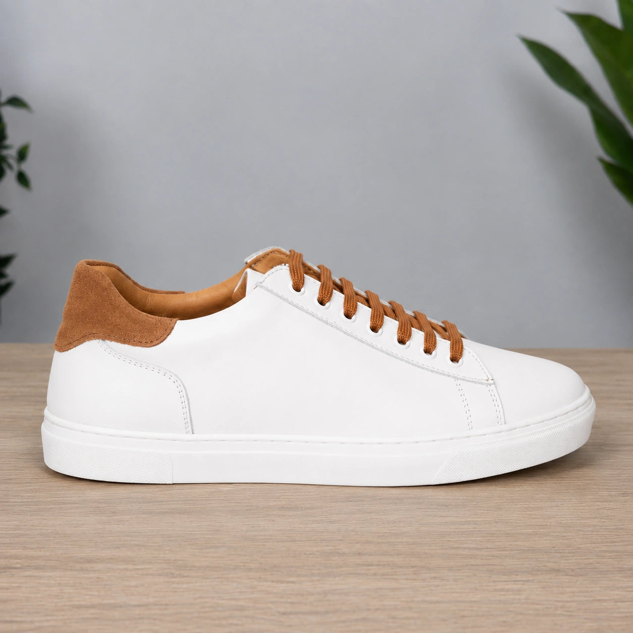 Sneakers in pelle bicolore suola bassa - Bianco/Cuoio